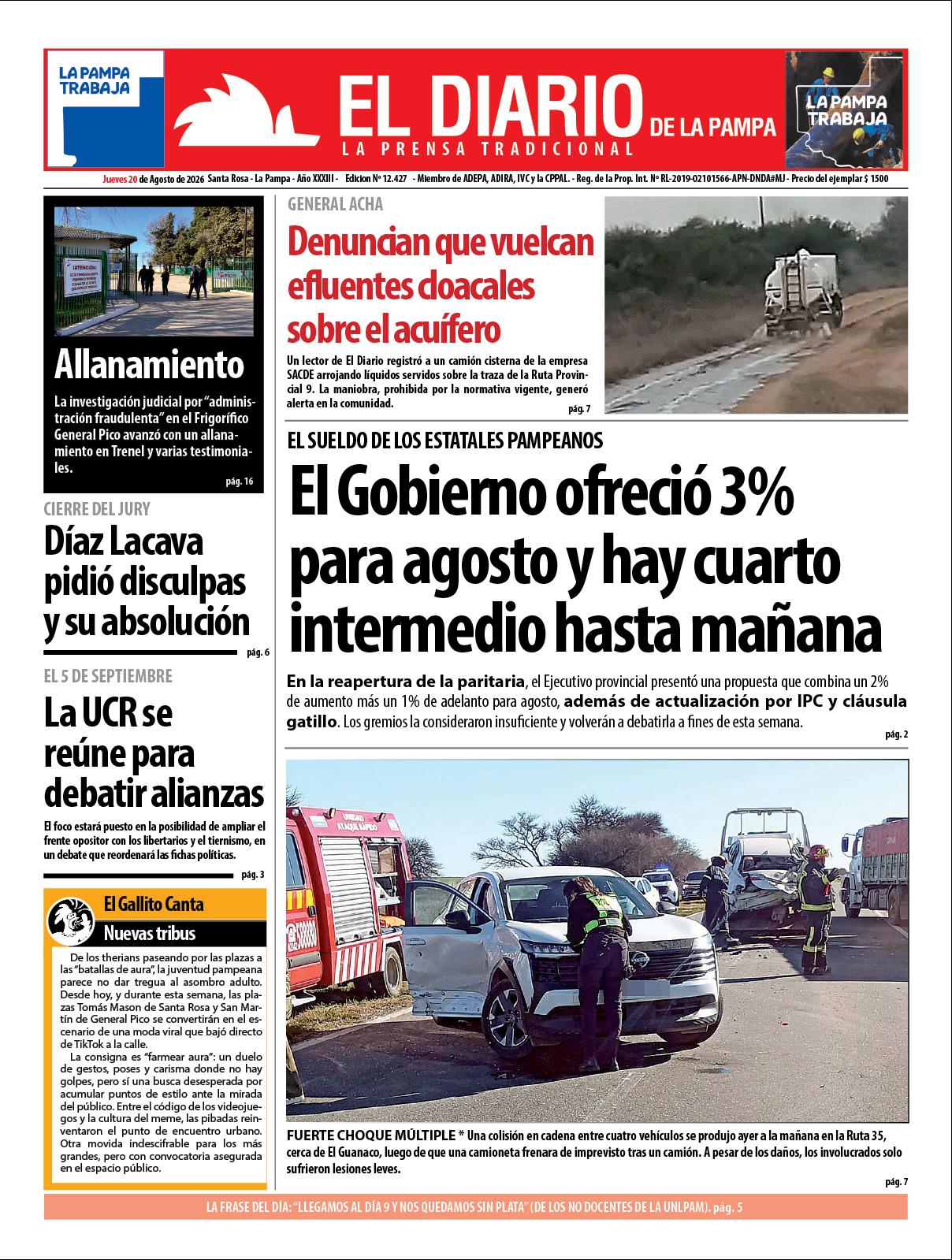 Tapa de El Diario en papel  jueves 20 de agosto de 2026